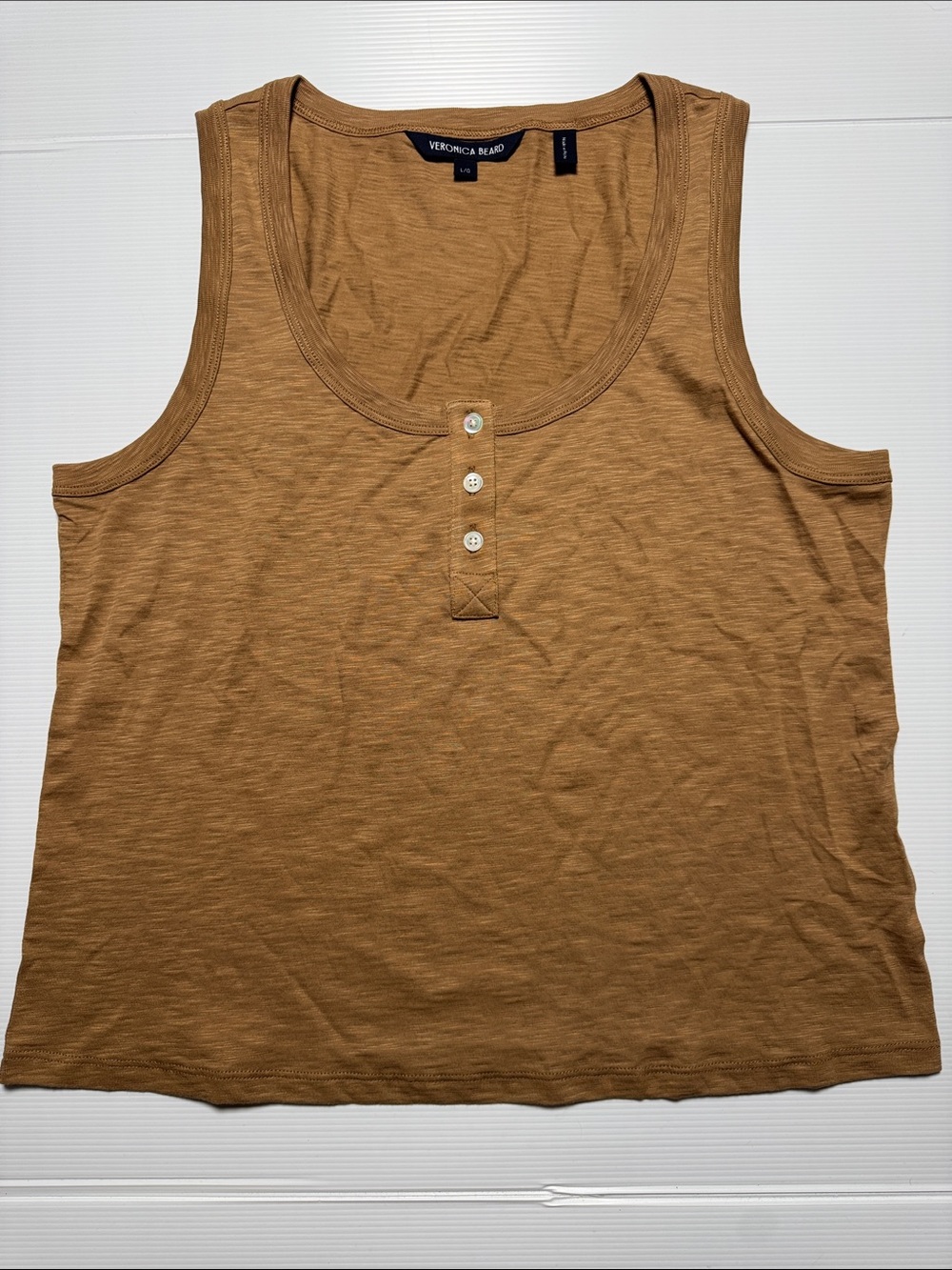 VERONICA BEARD Harrison Sleeveless Henley Tank Hazelnut Brown Slub Cotton LG